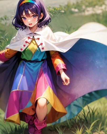 tenkyuu chimata, rainbow-colored hair band, rainbow-colored shattered-pattern clothes, zipper lines on clothes, white cloak with sky painting, sky painting on cloak, pink boots with a ribbon, grass, field
 <lora:Tenkyuu_Chimata:0.8>