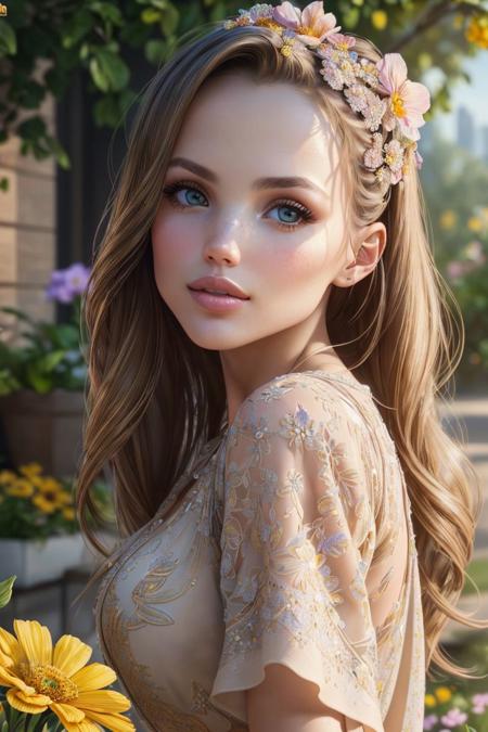 a photo of a gorgeous S069_KatushaLobanova, picking flowers, in a patio, wearing a (summer-shirt:1.1), (8k, RAW photo, best quality, DOF, ultra high res:1.2), (absurdres, intricate, photorealistic, masterpiece, ultra-detailed, Unreal Engine:1.3)