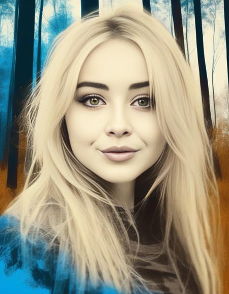 SabrinaCarpenter, portrait,close up of a Serbian Female, Alhambresque Blonde hair, autumn forest, Bokeh, Rough sketch, 60s Art, Sepia filter, dripping with DayGlo blue, poster art, <lora:SabrinaCarpenterSDXL:1>