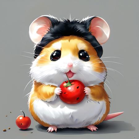 score_9, score_8_up, score_7_up, style of Hamtaro, hamster, black and white fur, round body, small ears, big expressive eyes, little red hat, hat on head, eating a seed, cute, masterpiece, detailed,