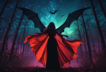masterpiece, high quality, abstract, angelic woman, wings, screaming, vampire lady, elegant vampire clothes, centered, side view, black silhouette of a girl, (long flowy hair), flowy skirt, red bloody forest background, ((dynamic pose)), night time, dark theme, starry sky, glowing hair, cinematic, vivid colors, ((saturated neon colors)), perfect hands, anzhcdreamwave, aesthetic, Perfect Hands, aurora borealis, ((glowing halloween pumpkins)), ((bats))