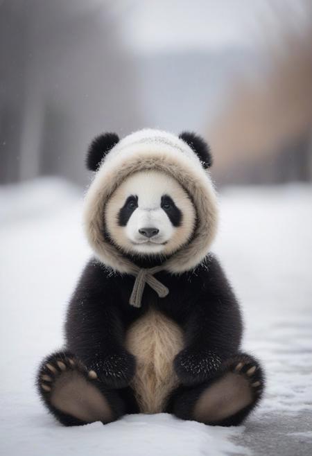 A close-up photo of an adorable Baby panda bear sitting on a snowy sidewalk, wearing a cozy winter hat with soft, fluffy ear flaps. The bear looks content and snug, with the winter landscape blurred in the background, creating a charming and warm contrast between the cold environment and the cozy appearance of the panda . The hat adds a cute and whimsical touch to the scene, making it perfect for a winter-themed setting.