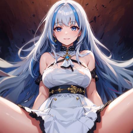 best quality, masterpiece,1girl,white hair, blue streaked hair,light smile, dress,upper body,  spread legs,