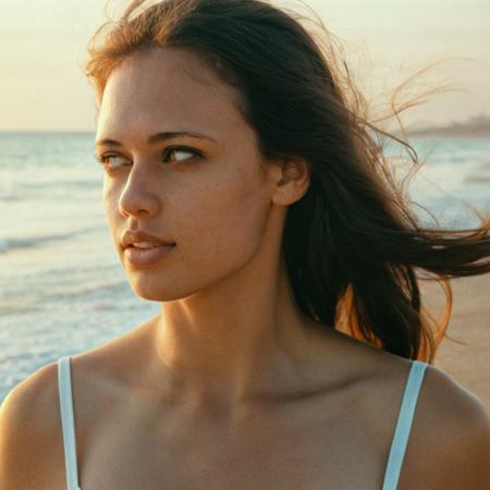 candid close-up photo of T1T0N, no makeup, wind, on a sunset beach, looking away, in motion, light haze, Shot on Kodachrome film