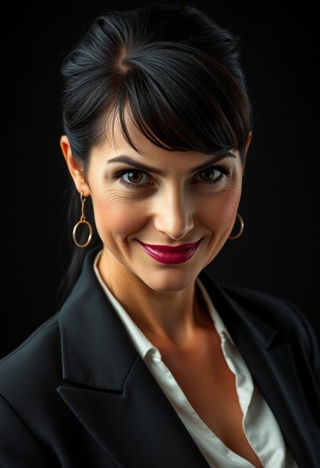 Portrait of a  50 year old beautiful female in a dark business suit, blouse with cleavage, She has  neatly combed-back black hair. They have a spray tan that is slightly overdone.  Their pupils are black onyx colored and look slightly inhuman.  The background is also dark, emphasizing the formal attire and creating a dramatic, sophisticated mood. The overall tone is professional and serious. This person looks sinister despite being handsome   They radiate menace and have a evil smile that shows overly bright teeth with slightly elongated canines