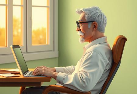 A highly detailed, semi-realistic 3D digital illustration, side view of a writer, sitting at his desk, typing on his laptop. The desk is positioned orthogonal to the window. The desk is cluttered with scattered sheets of paper and a sleek laptop, illuminated by the soft, warm glow of the golden hour at dusk. The writer's short white hair is combed back from his forehead, revealing a slightly receding hairline. A neatly groomed white beard, sideburns, and mustache frame his chiseled, narrow face with a strong jawline and prominent cheekbones. Thick, arched eyebrows sit above round, black-framed glasses on his sharp, narrow nose. His pale, healthy skin shows fine lines that reflect his experiences, with a slight rosiness in his cheeks. He wears a cozy, informal white shirt. He's chair looks foldable with a brown leather recline.  The room is painted a calming light green, its walls bathed in the gentle, diffused light filtering through the window. The smooth, precise lines and clean shading emphasize the texture of the wooden desk and the subtle creases in the papers, creating a serene and focused atmosphere. The scene captures a moment of quiet productivity, blending natural light with the cozy interior setting.
Hide
