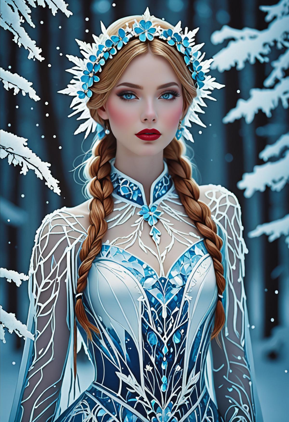 Artistic Illustration of a Frozen Beauty in a Snow-Covered Forest