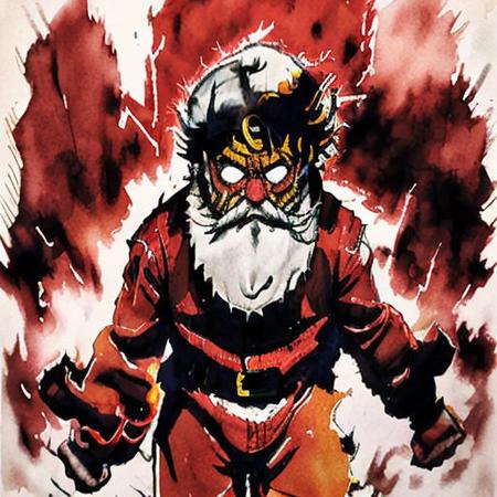 <lora:wcolors:0.9> watercolor, detailed painting <lora:rageMode_v1:0.77>  father Santa Claus, big beard, red furious, flying, throwing presents hands arms up, 1boy, livrant les cadeaux, ragemode, lightning medium view ohohoh, blue background night sky yellow striking