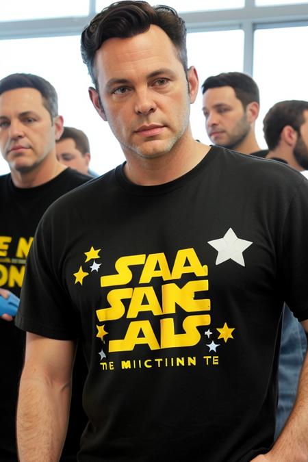 a handsome man <lora:vinceVaughn:1> in an star wars tee shirt, at a comicscon convention, people in the background, RAW, 8K, UHD, [smiling:0.5], candid, amateur