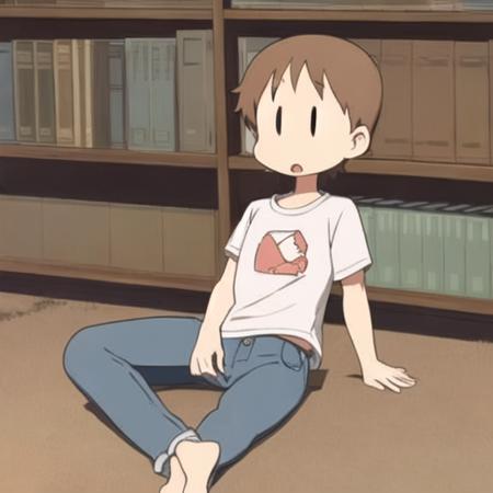 <lora:nichijou_style_v2-000002:0.7>, nichijou_style,masterpiece, best quality, 1girl,  solo, short_hair, open_mouth, brown_hair, shirt, short_sleeves, lying, barefoot, pants, on_back, denim, t-shirt, jeans, |_|, bookshelf