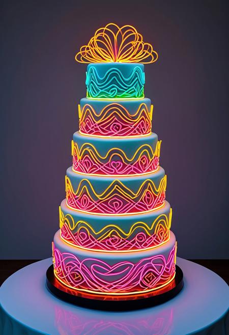 An neon wedding cake ( outlined with wires and neon ) on a table (made of wires), detailed, deep and fine, amazing, epiCPhoto,flux-style