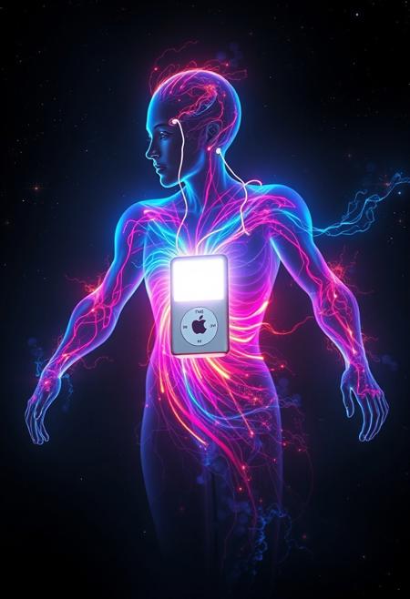 A spectral and incorporeal energy entity, glowing with radiant, pulsating colors. Its form shifts constantly, blending hues of electric blue, neon violet, and radiant gold, with streaks of fiery red coursing through its swirling, ethereal body. This being exudes an aura of immense power and wisdom, its edges shimmering with fractal-like energy patterns.
A vibrant core of pure white light pulses at its center, casting an otherworldly glow that illuminates the dark void around it. Despite its enigmatic and ancient presence, the being wears a vintage iPod clipped to its glowing form, connected to sleek white earbuds that somehow stay suspended near what might be its head. The iPod, a stark contrast to its cosmic appearance, shines with the distinct white glow of the iconic Apple design, featuring a classic click wheel.
Surrounding the entity are arcs of crackling energy and faint traces of luminous particles, creating a mesmerizing dance of light and shadow. The environment is a vast, shadowy expanse, punctuated by stars and nebula-like swirls of color, with a subtle nod to the vibe of the iconic Apple iPod commercials: a futuristic yet nostalgic fusion of light, sound, and style.