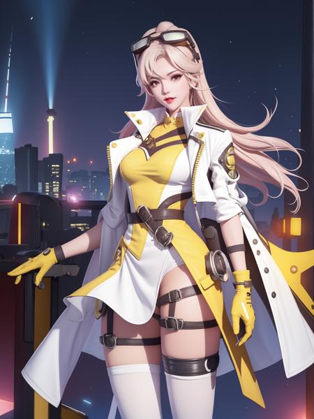 <lora:wzryAKEmizongliying_20230726192124:0.75>,1girl,goggles on head, gloves,white jacket, long hair, thighhighs, belt,thigh strap, knee pads,cropped jacket, mature female, cityscape, night,looking at viewer, yellow skirt,brown leotard,pouch, thigh boots, white pink hair,