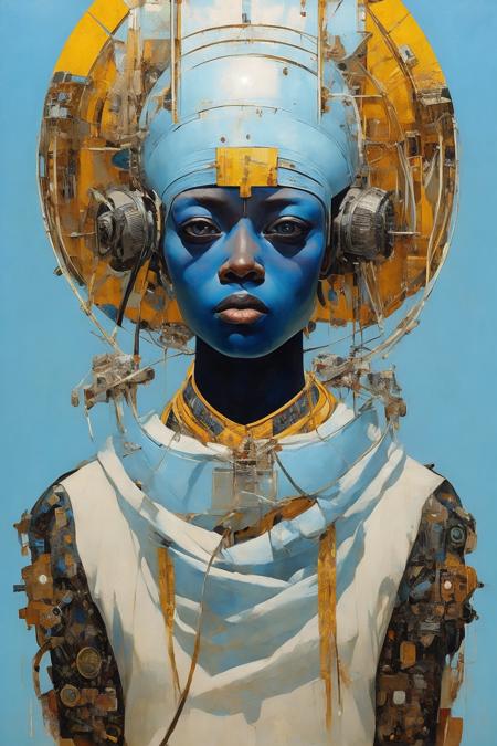 in the style of cyberpunk futurism, african influence, etam cru, light blue and gold, michael creese, steelpunk, michael hussar, white background, best quality, high quality, editorial photo, absurdres, masterpiece, intricate detail, film grain,