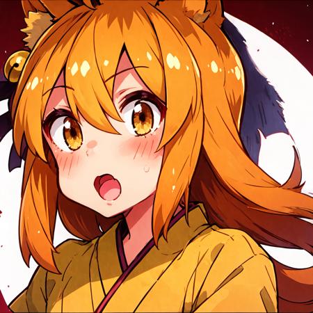 Masterpiece, best quality, perfect lighting, 1girl, solo, suzu, fox ears, fox tail, brown eyes, orange hair, yellow miko kimono, bell hair ornament, upper body pov, mouth open, medium hair, ahoge, hair between eyes, <lora:Suzu:0.8>