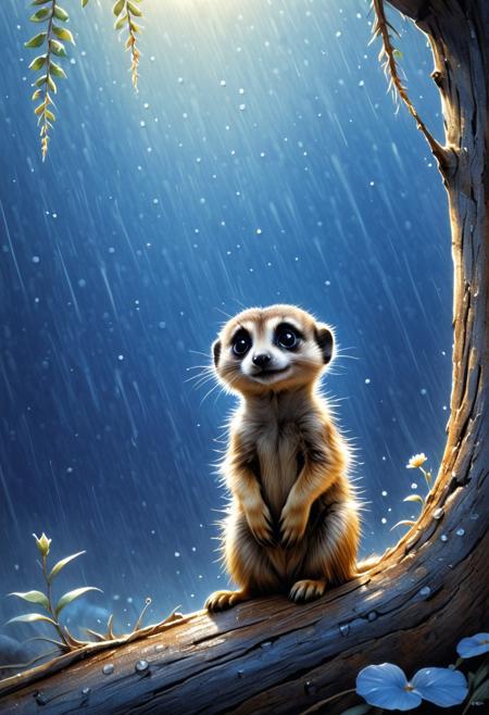 A delightful watercolor illustration in the style of Jean-Baptiste Monge, 
capture a loner, 
adorable meerkat seeking shelter under a tree trunk on a rainy day, 
dominating the unique spectacle of the downpour, 
presents a close-up of the meerkat's brilliance, 
reflective eyes, 
intricate floral backdrop, 
and the texture of his tail too fluffy, 
enhanced by ultra HD clarity and vivid colors, 
similar