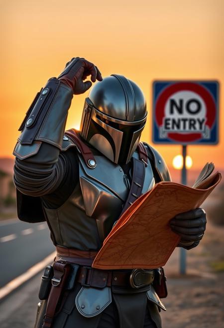 The Mandalorian stands confidently yet uncertainly before a 'No Entry' road sign, his beskar armor glistening under the warm light of a distant setting sun. In his hand, he holds a worn leather-bound map, his brow furrowed in concentration as he scratches his helmet's visor with a gloved finger, contemplating the next move.