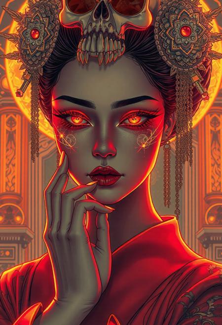 A highly detailed, intricate line-art illustration in the style of Steve McDonald. Detailed hyper realism in the visible body parts (face, hands, legs).
3D rendering, face close-up, CG high model, Elegant [goth geisha] with neon glowing makeup and a holographic skull headdress, in a [red and gold] cyberpunk aesthetic, dark fantasy, anime-style, illuminated by soft neon lighting
, acrylic painting in style Adam Hughes.
The composition features mesmerizing line work, fine architectural detailing in the background, and a play of light and shadow through intricate hatching. The overall aesthetic is serene, introspective, and dreamlike, blending realism with a highly structured, almost meditative pattern-based design.
