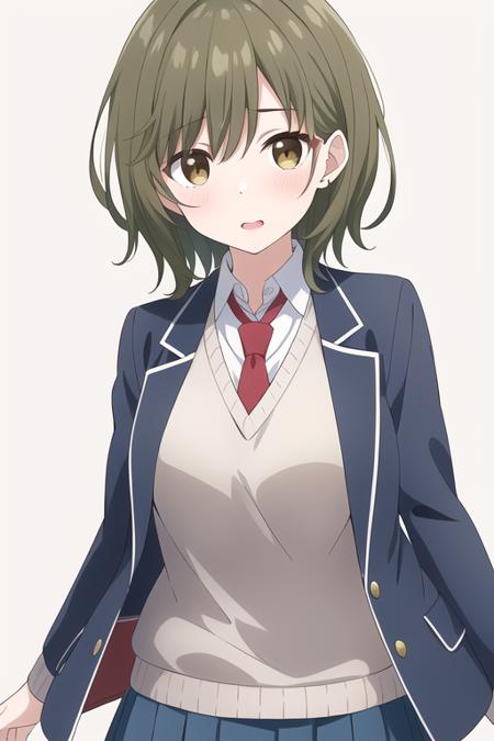 masterpiece, best quality, 1girl, solo,higashira isana,brown hair,green hair,short hair,eyebrows hidden by hair,brown eyes,school uniform,blue jacket,open jacket,long sleeves,grey sweater vest,white shirt,red necktie,blue pleated skirt,<lora:isana:0.6>,white background, simple background, 