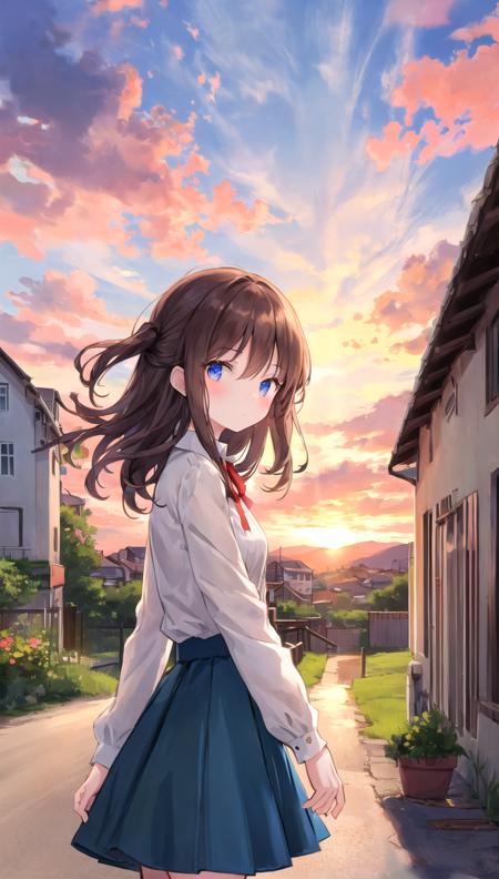 beautiful illustration, best quality, cute girl, (sunset), countryside, outdoor, scenery, blue skirt, white blouse, from side, cinematic lighting, cowboy shot,