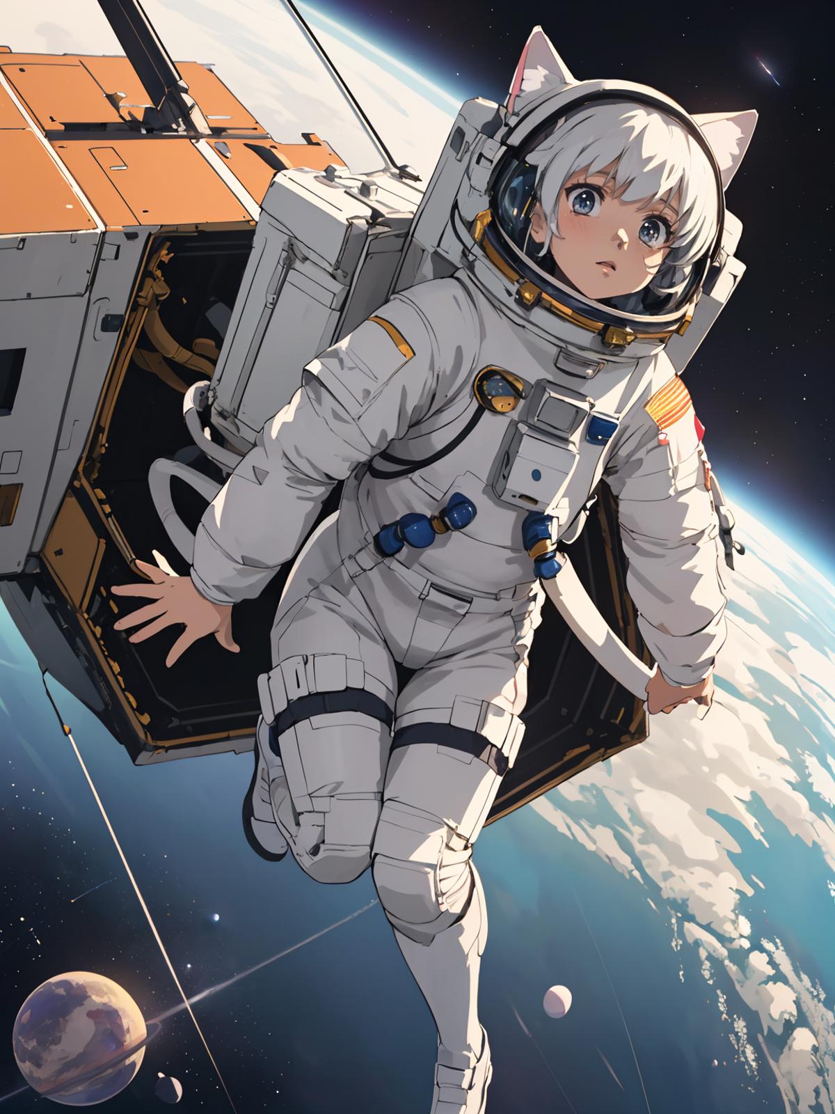 A cartoon character in a white astronaut suit is shown on a space shuttle.