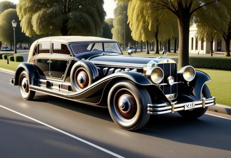RetroBG, an art deco, lazypos, retrofuturistic 1920th style Mercedes-Benz W25, reflective surfaces, on the park road