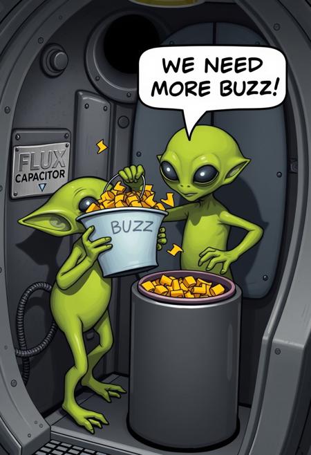 A machine with a hole on the top of it, a silver plaque on the side of the machine says "FLUX CAPACITOR". A little green alien is holding a bucket filled with little yellow thunderbolts. The bucket says "BUZZ" on it. The alien is tilting the bucket while dumping the thunderbolts into the hole at the top of the machine. The alien says "WE NEED MORE BUZZ!" in a speech bubble. All of this takes place in the aliens spaceship.
