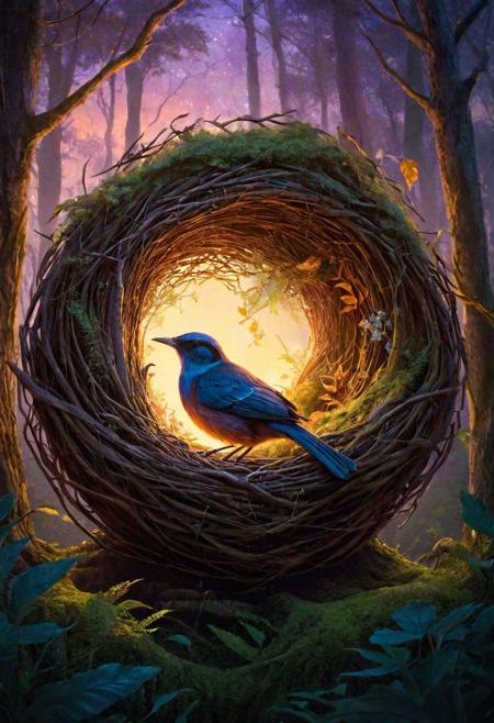 Insanely detailed illustration, beautiful composition!! A bird nestled in her nest, set against the backdrop of a forest at twilight. The nest, glowing with a soft, luminescent light, cradles the bird as she watches over her eggs. The forest around her is bathed in the gentle hues of dusk, with shadows and light playing across the leaves and branches. The scene combines the real with the surreal, creating an atmosphere of enchanting tranquility and natural magic. The bird and her nest are depicted with hyperrealistic detail, each feather and twig rendered with precision, glowing subtly as if illuminated by an inner light. The overall effect is ethereal, blending the bird and her nest seamlessly with the mystical forest environment, as if they are an integral part of this magical world. The colors are deep and vivid, adding to the intense and infinite feel of the scene.