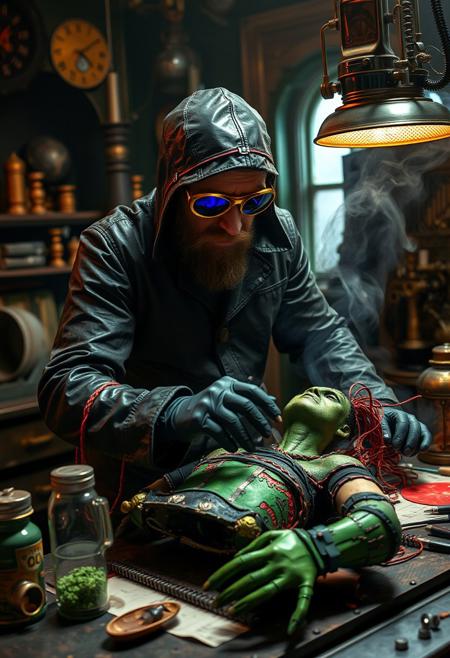 A mad scientist in his lair, wearing black rubber overcoal, galoshes, thick rubber gloves, and brass goggles, works on frankenstein's monster on a table, rainbow monster, steampunk, cyberpunk, hyper maximalism