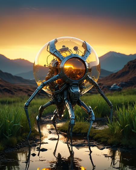 organic bioengineered creature angular living machine, full body, transparency, ziprealism, Cyberpunk, outdoors, water, reflections, grass, futuristic, technology, sci-fi, night, tech, 50 mm, 100, nuclear mushroom cloud, wires, cables, gadgets, Digital art, detailed, artstation, by James Turrell,  Golden hour,  morning, <lora:add-detail-xl:1> <lora:xl_more_art-full_v1:0.8>