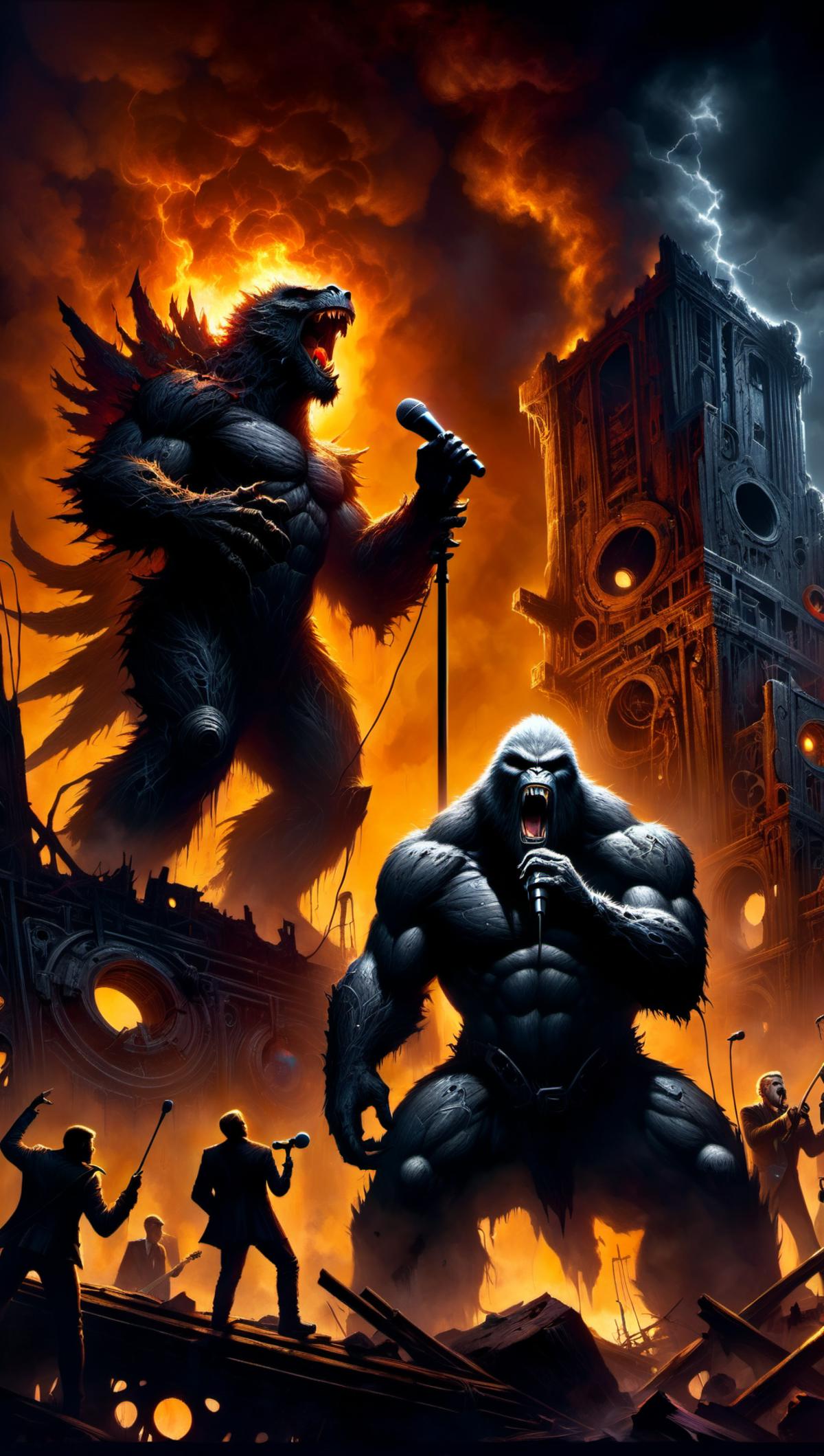 A comic book illustration of a gorilla singing into a microphone with a fierce monster behind him.