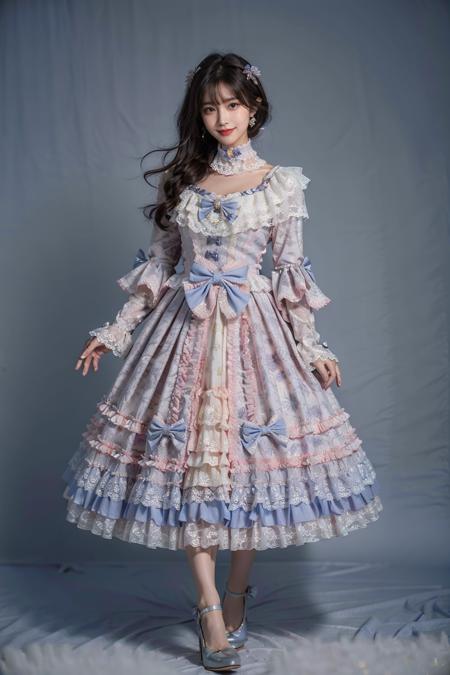 best quality, quality, masterpiece, photorealistic, 1girl, solo, full body, standing, long black straight hair, blunt bangs, looking at viewer, smile, lo dress, long dress, layered dress, choker, bow, long sleeves, high heels, <lora:lo_dress_vol2_style7_v2:0.65>