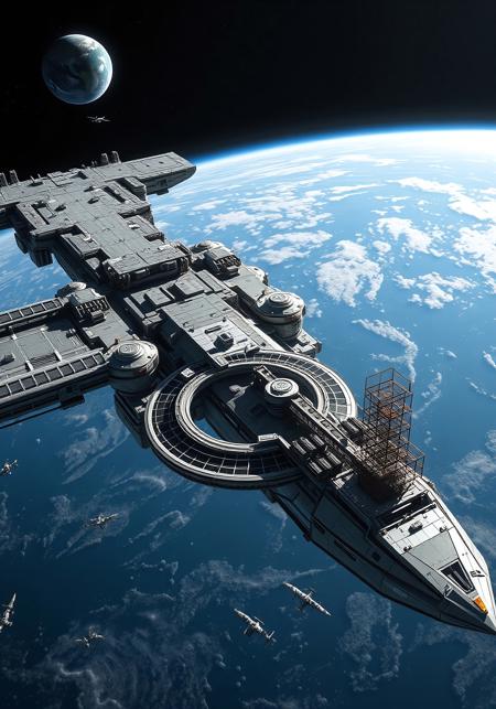 A colossal orbital space dock floats above Earth in high orbit, designated as "Orbital Forge." This C1-tier modular station spans over 15 kilometers, anchored at Lagrange Point L1. Massive drydock arms extend outward like giant mechanical spines, capable of servicing and constructing spacecraft up to 10 kilometers in length. Hexagonal docking ports, magnetic mooring clamps, and articulated gantry cranes dominate the structure's frame. Below, solar array fields shimmer, powering fusion-based infrastructure and AI-directed robotics. A rotating gravity ring, 500 meters in diameter, spins slowly at the end of a central truss, housing over 1,000 crew members. Cargo pods, drones, and utility skimmers dart between modular habitat bays, industrial tanks, and scaffolded ship skeletons under construction. Earth hangs immense and blue in the background, while the Sun casts harsh glints on metallic surfaces and glowing thruster ports.

Style: realistic sci-fi, cinematic space epic, sharp structural detail, wide angle view.

