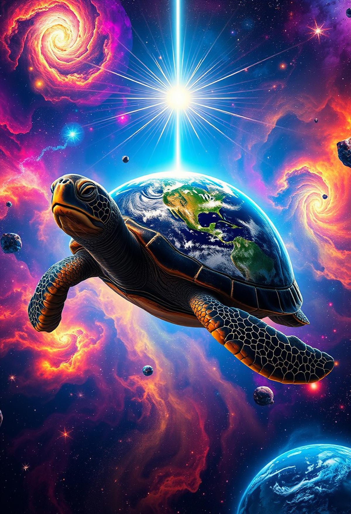 "A colossal, ancient cosmic turtle floating in a vibrant, colorful universe. Its enormous shell carries the entire Earth, rendered in intricate detail. From the center of the turtle's shell, a brilliant, pulsating beam of light extends infinitely in both directions, cutting across the cosmos. The beam is a blend of shimmering colors, suggesting immense energy and importance. The turtle's eyes are wise and ancient, reflecting swirling galaxies and distant stars. The shell is weathered and etched with mystical symbols and patterns. Surrounding the turtle is a spectacular cosmic landscape with vivid nebulae, colorful gas clouds, and dazzling star clusters. The scene seamlessly blends oceanic and terrestrial elements on the turtle's back, with shimmering waters and diverse landscapes visible on Earth. The entire image is rendered in a hyper-detailed, majestic, and surreal style, emphasizing the epic scale and cosmic significance. Vibrant colors, sharp contrast, ethereal glow."