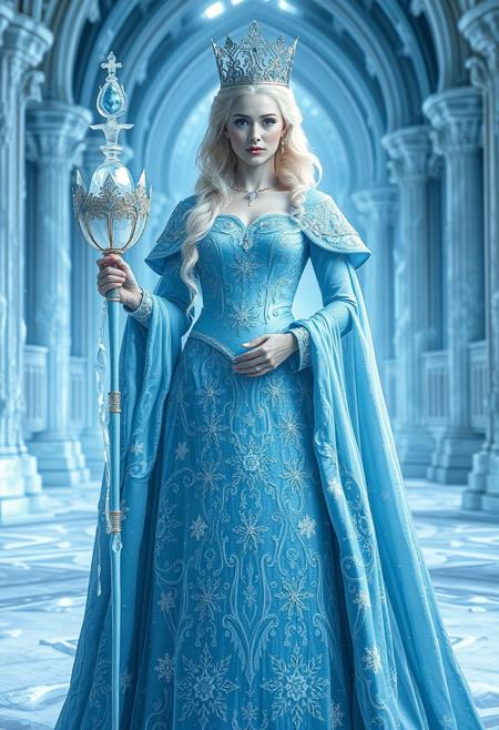 A regal ice queen with platinum-blonde hair stands in a grand palace made entirely of ice. Her icy blue gown is decorated with intricate snowflake patterns, and her skin seems to shimmer with frost. She holds a scepter made of ice, and her cold, piercing gaze reflects the frozen beauty of her surroundings.