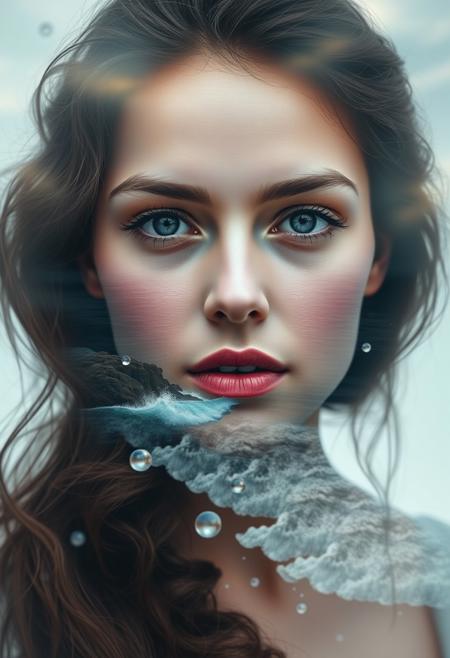 A surreal double exposure portrait that blends a woman’s face with a beautiful seascape. The overall mood is dreamy and mystical, with rich colors and intricate details.