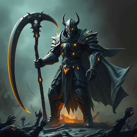 Large figure clad in segmented armor from head to toe. On a battle field surrounded by defeated foes. Wide angle, full body shot. Helmet with skull mask design with glowing yellow eyes, wielding a large two headed scythe and a flowing shadowy cape, his armor decorated with glowing yellow crystals. Light dim, futuristic, gothic.