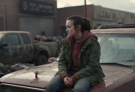 cinematic photo analog style portrait of an character portrait of a  ((ohwx woman)) in halo infinite spartan armor sitting on top of a broken car in a desolate cyberpunk wasteland city, 8 k, realistic shading, concept art, digital painting, illustration, matte painting, moody lighting, sharp focus, minimal artifacts, wet, heavy rain, rainstorm <lora:bella_ramsey_sdxl:1> . wes anderson movie, still from stanley kubrick movie, 35mm photograph, film, bokeh, professional, 4k, highly detailed