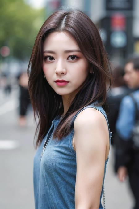 a woman, (realistic), (hyperrealism), (photorealistic), depth of field, eye makeup:0.5, (upper body:1.2), (narrow waist:0.7), looking at the viewer, casual outfit, at the city streets, <lora:httpyuna:0.45>