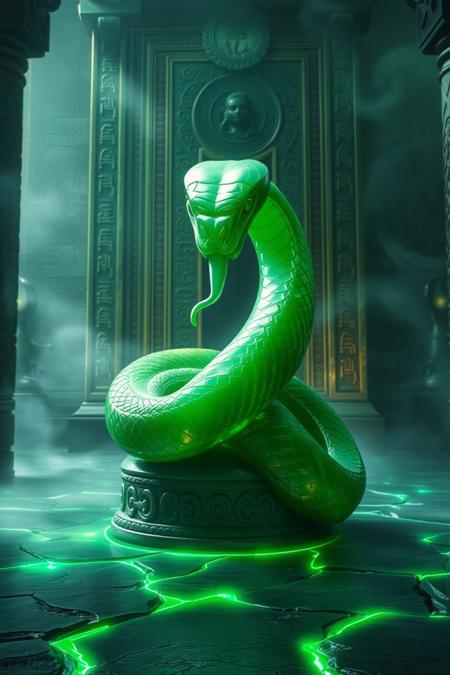 jade_snake. A surreal image of a jade snake wrapped around the pedestal of an ancient, glowing jade statue in a misty temple. The snake’s body appears carved from pure jade, with veins of gold and emerald running through it. Its eyes glow softly, as if alive, and its tongue flickers like a beam of light. The temple walls are covered with intricate carvings and glowing runes, and faint green light emanates from cracks in the stone floor. The atmosphere is mystical and sacred, as if the snake is an eternal guardian.