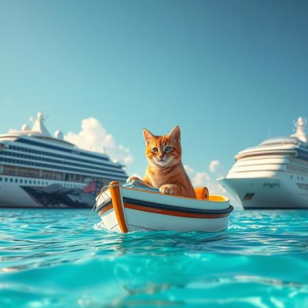 Ultra realistic. beautiful beach, 2 bigg cruises on the sea one in each side of the photo with the legend "pro creators" at the side, in the middle of the image a little happy cat captain in  a little boat  with the legend "i need buzz to grow" at the side