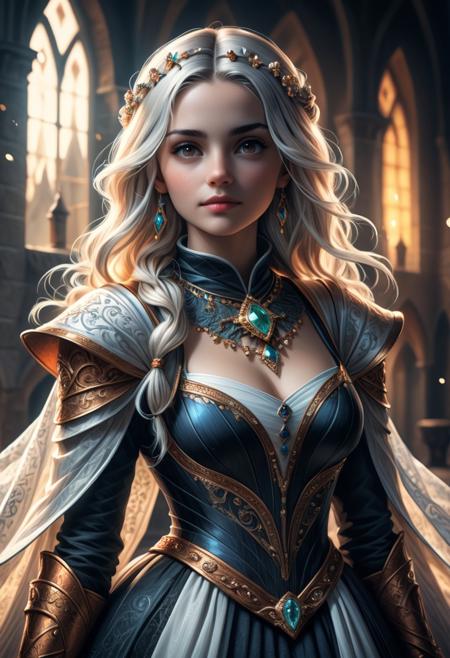 Wide shot of a beautiful female character, her flowing white locks adorned with diamonds and scarves that accentuate the beauty as she stands on an ornate throne in medieval castle walls. The focus is dynamic fantasy realism at its finest while maintaining high-resolution textures adding to each dress's depth below where imperfections might be visible under normal lighting effects for comfort between wearing it out or <lora:Fractangles:0.75>, 2000s vintage RAW photo, photorealistic, film grain, candid camera, color graded cinematic, eye catchlights, atmospheric lighting, natural, shallow dof, High level of detail to create a photographic-like image, focusing on lighting, realistic textures, hyperdetailed.