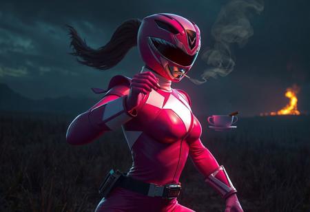 A woman Pink Power Ranger, dynamic pose, action-ready, volumetric form, luminescent glow, sipping tea, cigar smoke, field at night, distant fire, creepy background, James Jean style, rich colors, high contrast, gloomy atmosphere, trending on Artstation, Behance, Unreal Engine, 4K HD, fine detail.