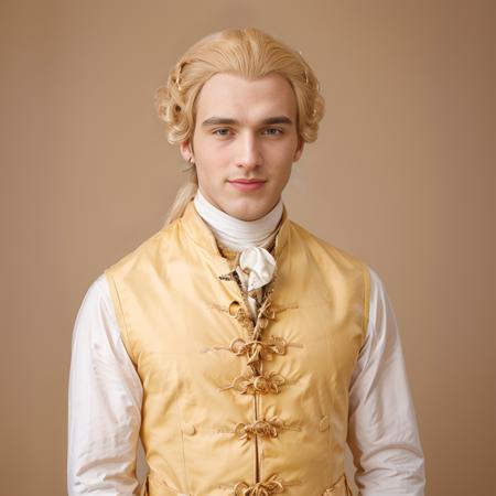 <lora:18th_Century_man_V0-000018:0.75> w16hsl1ps, 1boy, 1man, professional photograph, 4K, 18th century clothes, historical wig, blonde hair, simple white background, dramatic lighting, ultra realistic photograph, professional art, by Gucci photographer, from waist up, medium shot, pink lips, (yellow coat), (from front:1.1), long hair, looking towards viewer, facing viewer, (smiling, laughing:1.1), waist coat, breeches, mole on face,