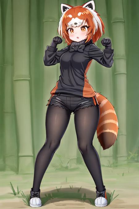 1girl,solo,masterpiece, best quality,high quality,mishoujo,hyper_detail,(game cg), finely detailed beautiful eyes and detailed face,lustrous skin,colorful

((lesser panda \(kemono friends\))),(red panda),red panda tail,animal ears,short hair,(multicolored hair:1.2),orange hair, white hair, black hair,orange eyes, two-tone hair, medium breasts,  (raccoon tail), (orange_tail:1.2),(one_tail)

(multicolored clothes:1.2),black shirt, (orange shirt:1.3), black bow, black bowtie,black shorts,(black gloves),(black pantyhose:1.2),black thighhighs,  long sleeves, fur collar, fur trim, legwear under shorts,tears,black footwear, footwear bow,black fur, 

 <lora:RedpandaKemonofriends_Redpanda:0.7>,(looking down:1.3), (standing:1.2),(full body:1.2),embarrassed,blush, (paw_pose:1.3)

(forest:1.5),(bamboo_forest:1.5), road,