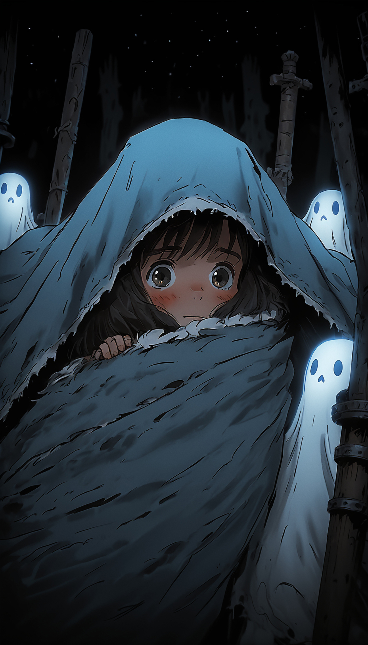 A Girl Hiding Under a Blanket with Ghosts Around Her