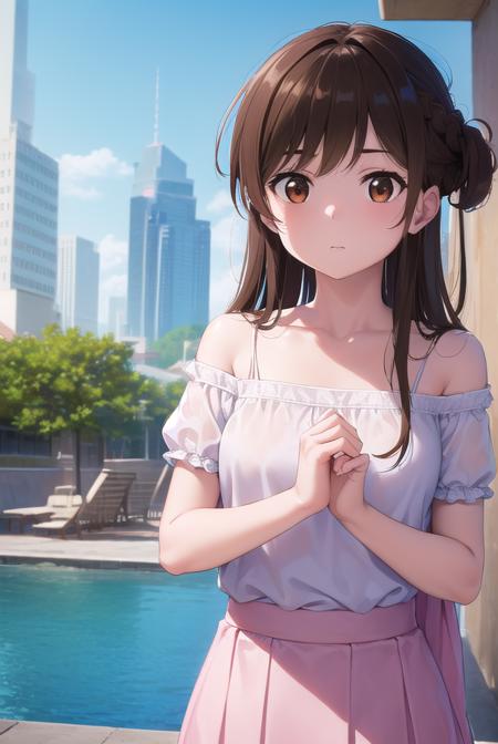 mizuharachizuru, <lora:mizuharachizuru-lora-nochekaiser:1>, 
mizuhara chizuru, long hair, brown hair, (brown eyes:1.7), (one side up:1.5), bangs, braid, hair braid,
BREAK bare shoulders, collarbone, pink shirt, puffy short sleeves, puffy sleeves, red bow, shirt, short sleeves, skirt, white skirt,
BREAK outdoors, city,
BREAK looking at viewer, (cowboy shot:1.5),
BREAK <lyco:GoodHands-beta2:1>, (masterpiece:1.2), best quality, high resolution, unity 8k wallpaper, (illustration:0.8), (beautiful detailed eyes:1.6), extremely detailed face, perfect lighting, extremely detailed CG, (perfect hands, perfect anatomy),