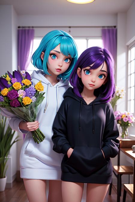 (2 girl))(1nd girl) (Purple Hair) (Long Hair) (Glowing Purple Eyes) (Wearing Black Hoodie) (In a Pretty Room with flowers) (DX12 Graphic) (2nd girl) (Aqua Blue Hair) (Wearing Long Hoodie) ( Blue Eyes Shining) (Beautiful room full of flowers) (Medium Hair) (Total Characters 2) (Graphic DX12) TWO CHARACTER CHAR 1 Blue Char 2 Purple