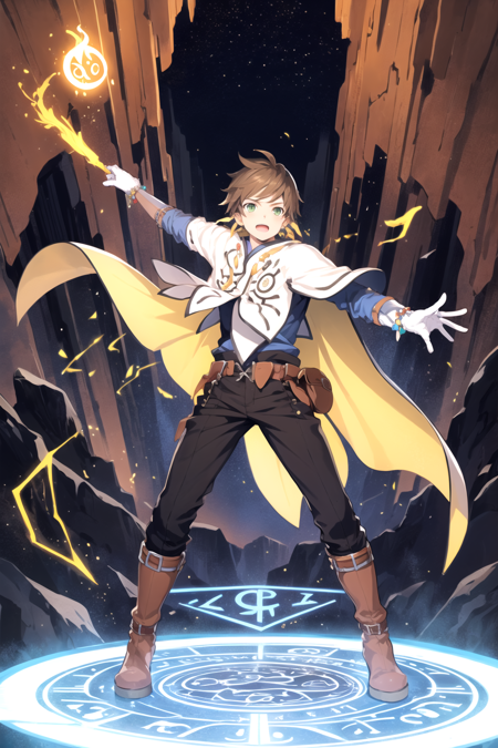 masterpiece, best quality, 1boy,  sorey,  solo, brown hair,  green eyes,  boots, cape, full body, white gloves, jewelry, earrings, male focus, casting spell, mana, spell rune, cave backgound  <lora:Sorey:1>