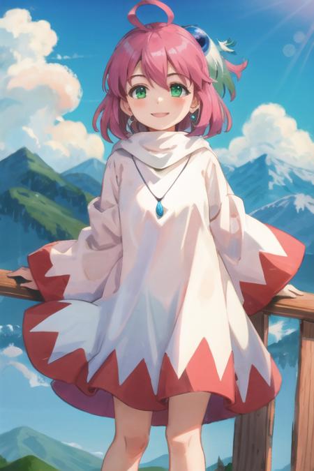 shiroma, green eyes, short hair, pink hair, ahoge, hair ornament, necklace, white dress, smile, standing, mountain  <lora:shiroma:1>